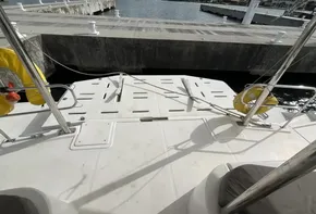 Leopard 51 Powercat 2019 docked at marina, rear deck view with safety equipment.
