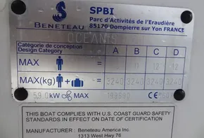 Beneteau Oceanis 46.1 2020 compliance plate with design category and max load details.