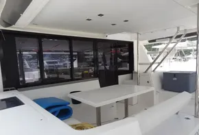Leopard 43 Powercat 2020 yacht interior with seating and table.