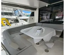 Luxurious Leopard 50 yacht interior with elegant seating and dining area, 2020 model.
