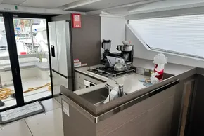 Modern kitchen interior of 2025 Leopard 46 Powercat yacht by Robertson and Caine.