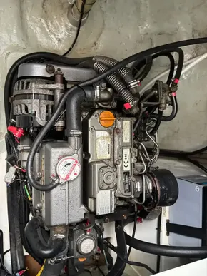 Engine of a 2019 Leopard 40, showcasing intricate mechanical components and hoses.