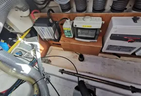 Electrical components in the engine room of a 2020 Beneteau Oceanis 46.1 sailboat.