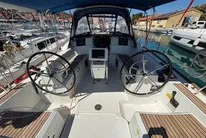 Cockpit of 2020 Jeanneau Sun Odyssey 389 sailboat with dual steering wheels.