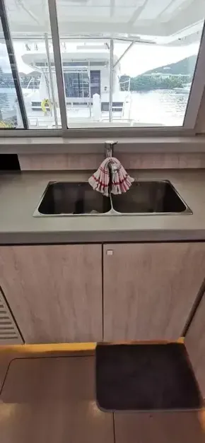 2019 Leopard 51 Powercat kitchen sink with window view of marina.