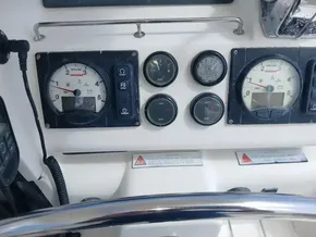 Control panel of a 2019 Leopard 45 yacht with gauges and dials.