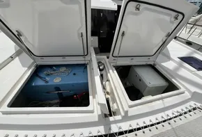 Open storage compartments on a 2019 Leopard 45 catamaran.