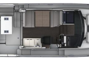 Jeanneau Merry Fisher 895 - diagram of cockpit seating, wheelhouse interior and bow sun lounger