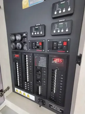 Electrical control panel of a 2017 Leopard 51 Powercat yacht.