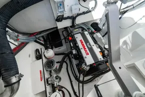 Engine room of 2025 Leopard 46 yacht featuring Yanmar engine and modern components.