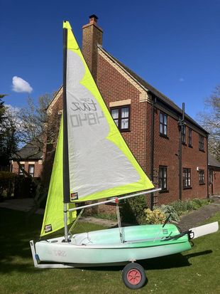 Topper Taz sailing dinghy with alloy launching trolley