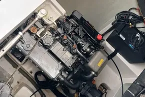 Engine compartment of a 2017 Leopard 48 yacht, showcasing detailed mechanical components.