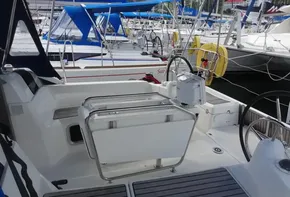 2017 Jeanneau Sun Odyssey 389 sailboat cockpit with dual steering wheels and seating.