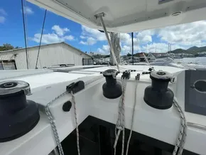 Leopard 50 catamaran deck with winches and ropes, docked at marina, 2020 model.