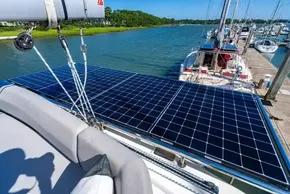 Leopard 50 yacht with solar panels docked at marina, 2022 model.