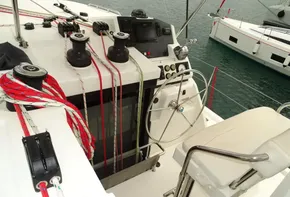 Leopard 45 yacht helm with ropes and navigation equipment, 2017 model.