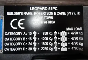 Leopard 51 Powercat 2015 capacity plate with load categories and max load information.