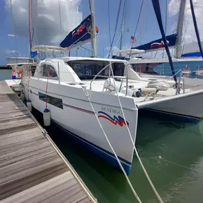 2021 Leopard 40 catamaran docked, featuring sleek design and modern amenities.