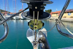Close-up of Jeanneau Sun Odyssey 389 sailboat rigging, 2020 model, in a marina setting.