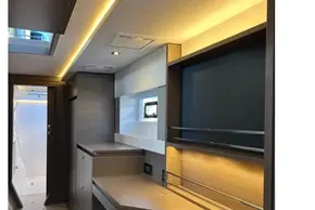 Modern interior of 2022 Leopard 42 yacht with sleek design and ambient lighting.
