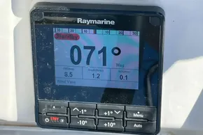Raymarine display on 2019 Jeanneau Sun Odyssey 389 showing 071° heading and wind data.