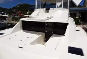 2017 Leopard 43 Powercat yacht with open deck and clear skies.