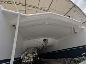 2015 Leopard 51 Powercat under maintenance in a covered dry dock.