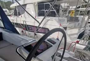 Beneteau Oceanis 46.1 2020 yacht steering wheel and cockpit controls.