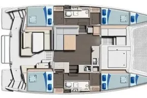 Floor plan of a 2019 Leopard 40 catamaran, featuring cabins and living areas.