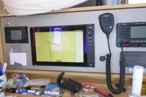 Navigation equipment on a 2017 Lagoon 42 catamaran, featuring a B&G chartplotter and Icom radio.