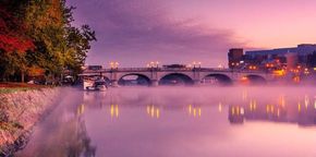 view from deck of Wild Raven of Kingston Bridge at sunset towards Kingston bridge