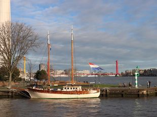 Historic wooden sailingvessel. Staysail rigged. Geman shipyard.