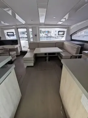 Spacious interior of a 2017 Leopard 51 Powercat yacht with modern furnishings.