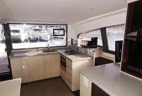 Modern kitchen interior of 2017 Leopard 43 Powercat yacht with ample counter space and appliances.