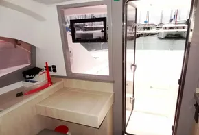 Interior of 2020 Leopard 43 Powercat with view of marina through door.