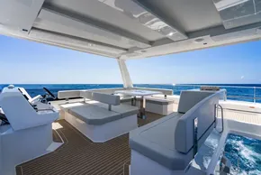 Luxurious 2025 Leopard 40 Powercat yacht interior with ocean view and modern seating.