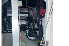 Engine compartment of a 2022 Leopard 45 catamaran, featuring a Volvo engine.