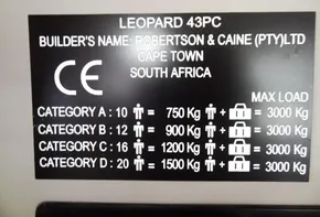2017 Leopard 43 Powercat capacity plate, Robertson & Caine, Cape Town, South Africa.