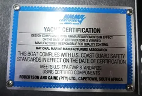 NMMA Certified Yacht Certification Plate for 2015 Leopard 51 Powercat by Robertson and Caine.