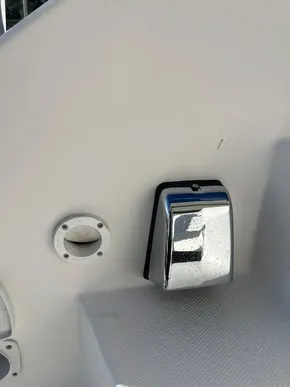 2019 Leopard 45 yacht detail with chrome fixture and white surface.