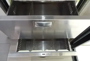 Stainless steel refrigerator drawers in a 2017 Leopard 45 yacht.