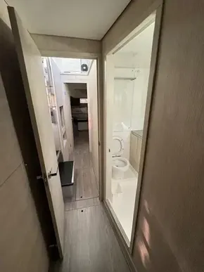 2020 Leopard 50 yacht interior with modern bathroom and hallway view.