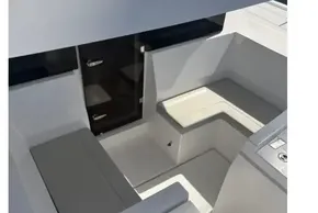 Interior of 2025 Leopard 46 yacht, featuring sleek seating and modern design.