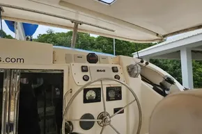 Helm of 2008 Leopard 40 catamaran with navigation instruments and steering wheel.
