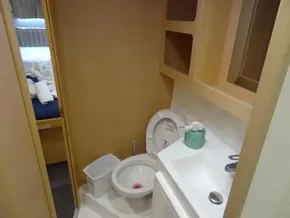 Compact bathroom in 2020 Lagoon 42 catamaran with toilet, sink, and storage shelves.