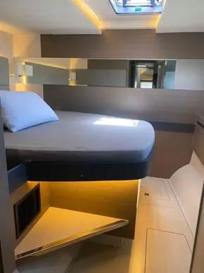 Interior of 2021 Leopard 53 Powercat featuring modern bedroom design.