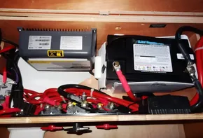 Electrical system components in a 2017 Jeanneau Sun Odyssey 389 sailboat.