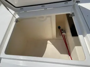 Open storage compartment on a 2020 Leopard 50 yacht.