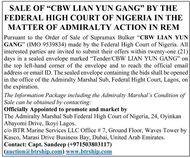 SALE OF &ldquo;CBW LIAN YUN GANG&rdquo;