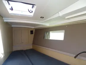 2017 Beneteau Oceanis 45 cabin interior with skylight and window.